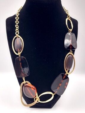 Gold Tone Chunky Link Necklace Brown Tortoiseshell Style Statement